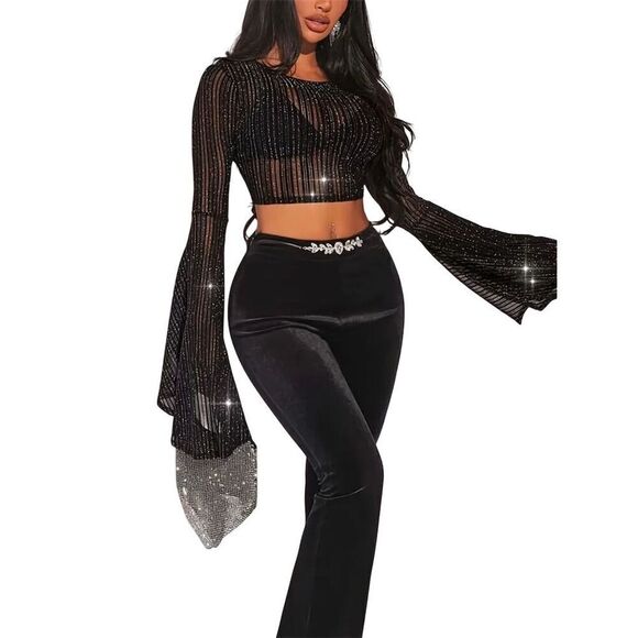 Sexy Y2k Crop Black Sheer Mesh Glitter Bell Sleeve Top Blouse L Gothic Vampy - Picture 3 of 9